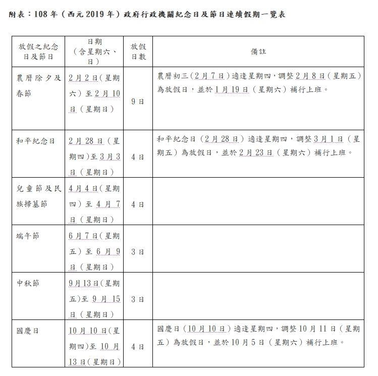 2019行事曆-人事行政局108年行事曆下載